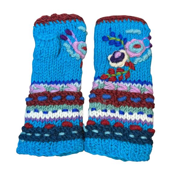 Handmade crochet hand knitted blue floral 100% wool fleece fingerless gloves - Picture 6 of 11